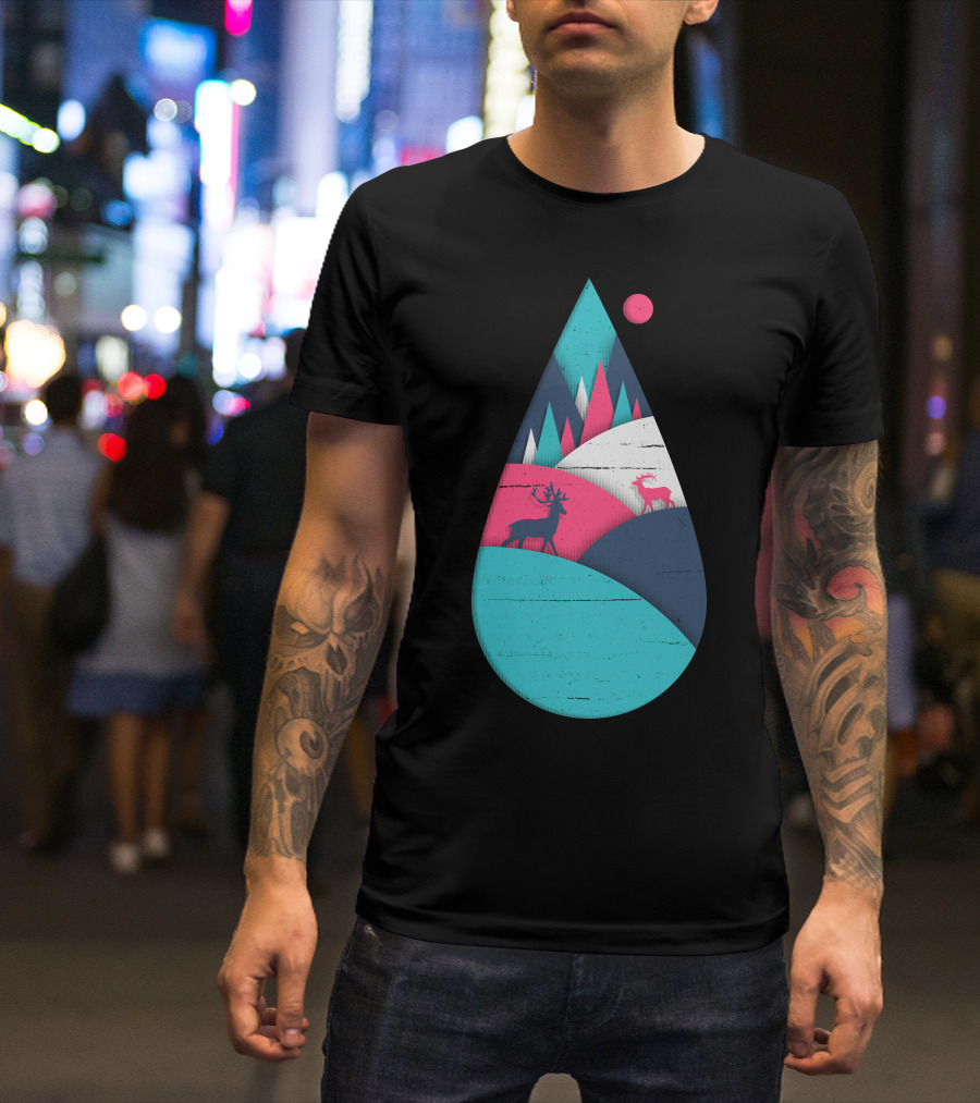 Deer In Vibrant Landscape Within Geometric Teardrop T-Shirt