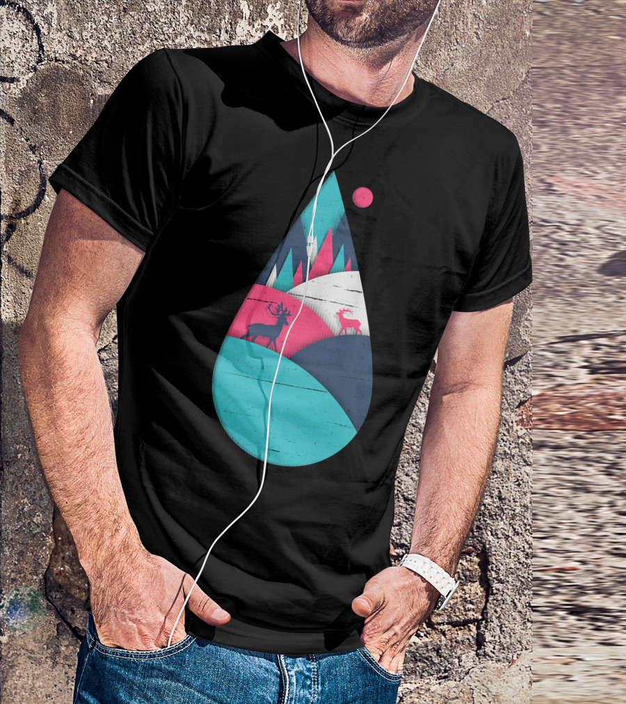 Deer In Vibrant Landscape Within Geometric Teardrop T-Shirt