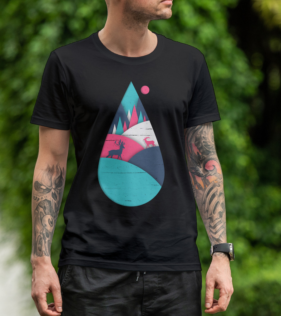 Deer In Vibrant Landscape Within Geometric Teardrop T-Shirt