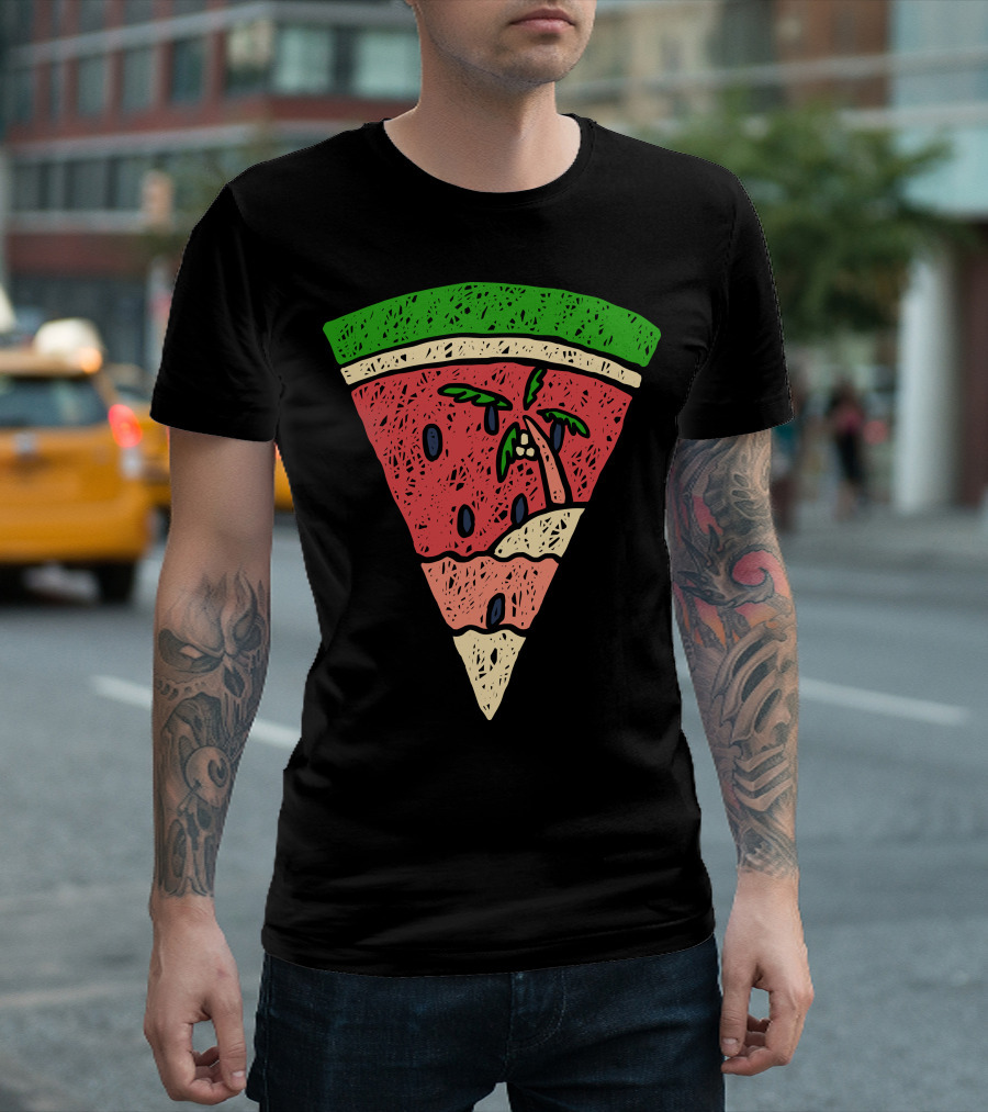 Watermelon Slice with Palm Tree Beach Scene T-Shirt