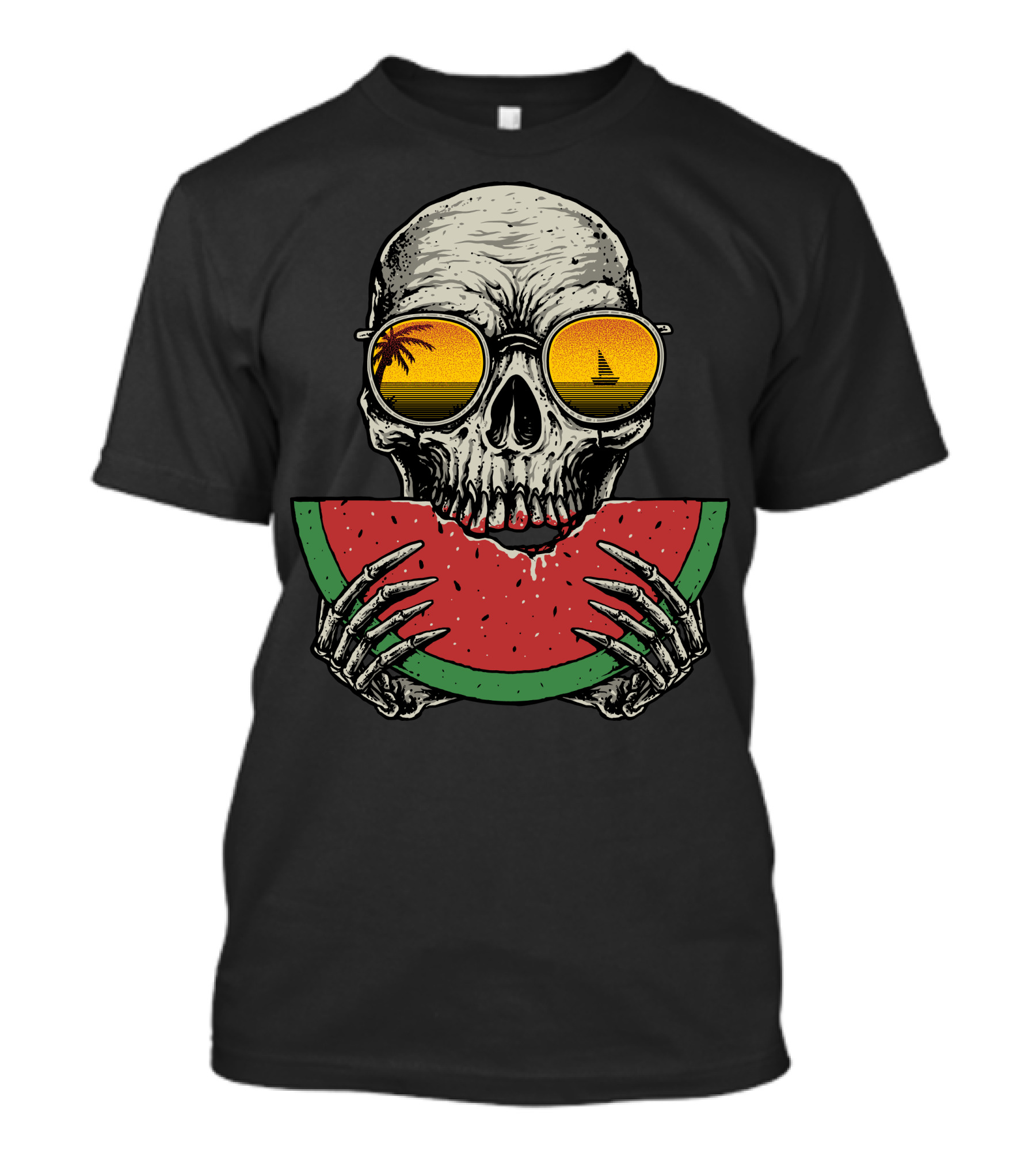 Watermelon Skull Sunset Shades Palm Tree Sailboat T-Shirt