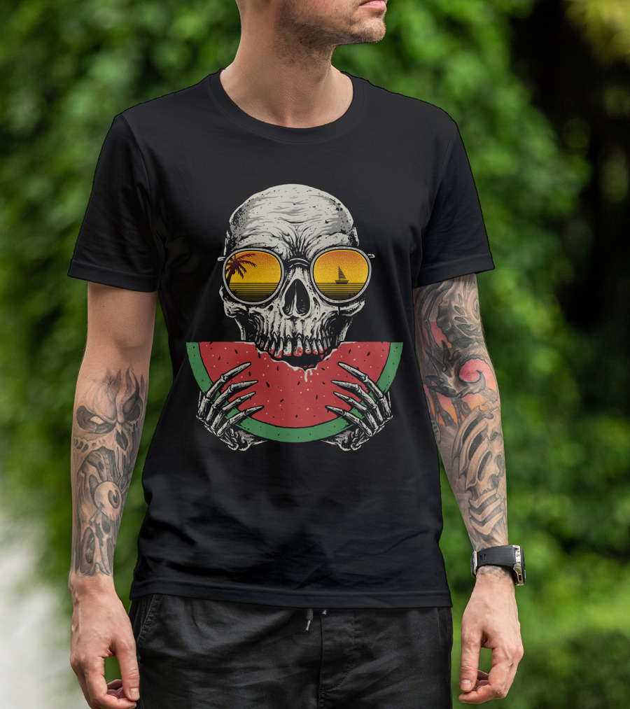 Watermelon Skull Sunset Shades Palm Tree Sailboat T-Shirt