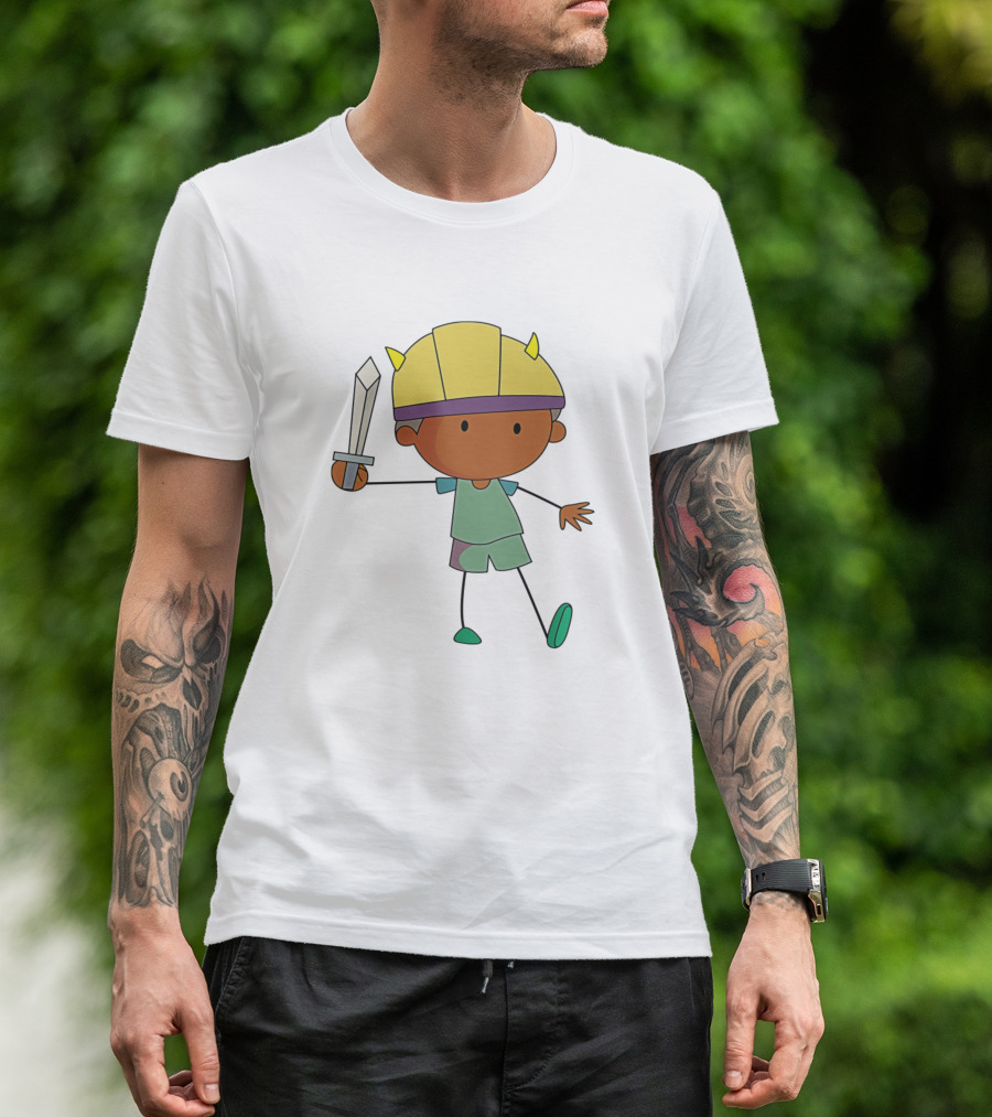 We Strong Cartoon Warrior Kid With Sword And Yellow Viking Helmet T-Shirt