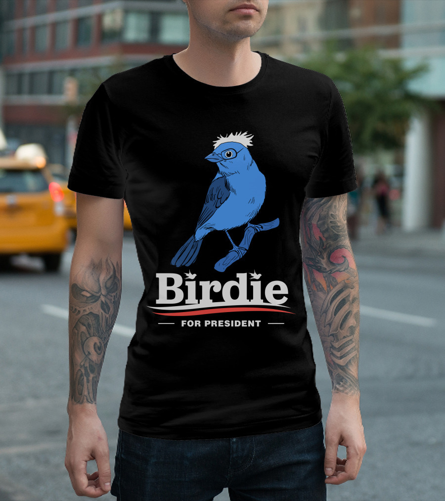 Birdie For President Blue Bird Illustration with White Hair and Glasses T-Shirt
