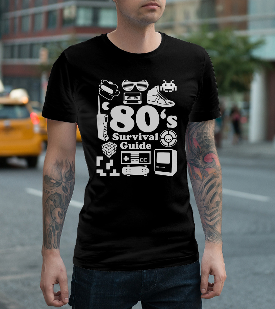 '80s Survival Guide Retro Gaming Pop Culture Icons Cassette Sunglasses Tech Nostalgia T-Shirt