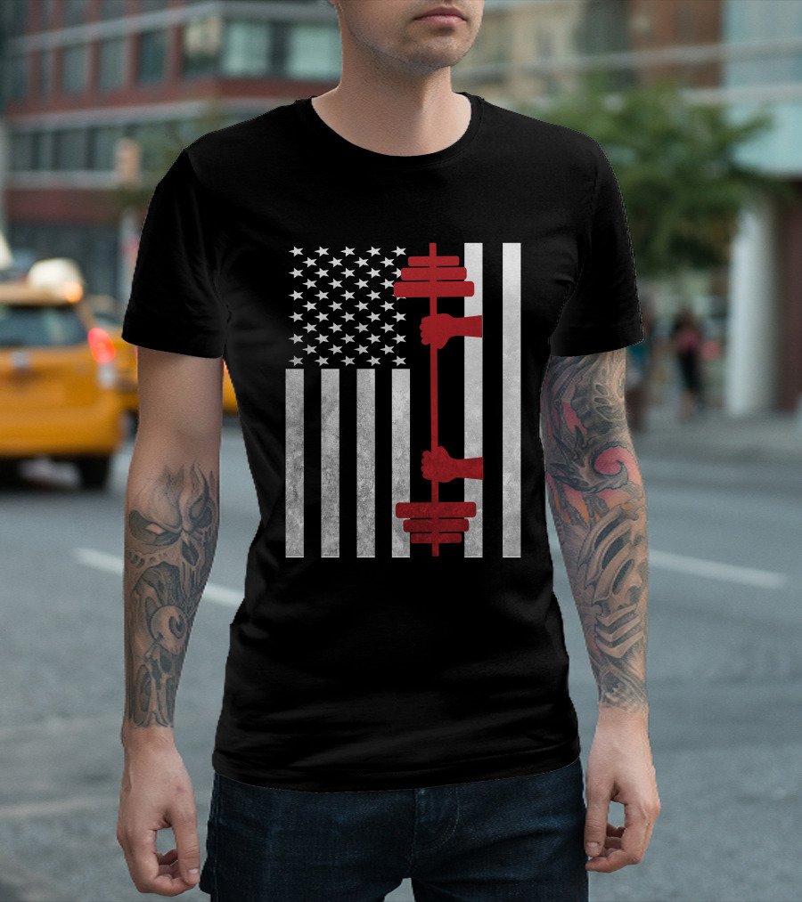 Barbell Lifting Weights Workout Gym American Flag Fitness Strength T-Shirt