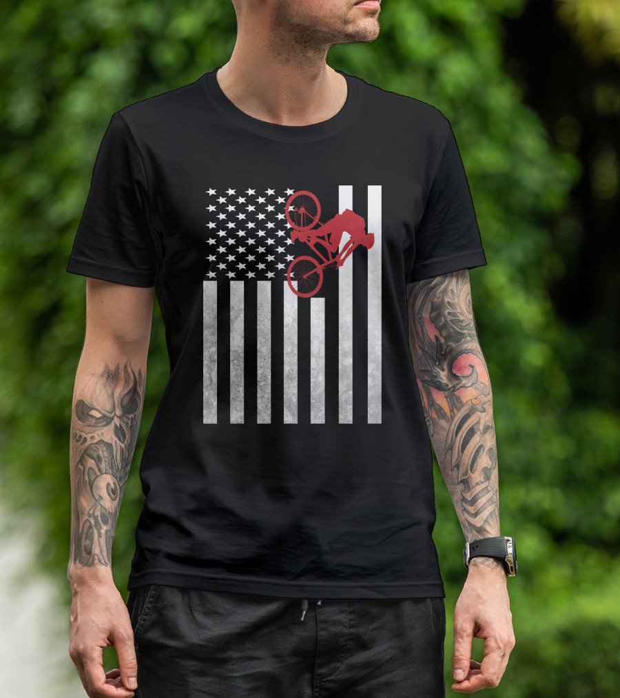 Mountain Bike American Flag Bicycle Cycling T-Shirt