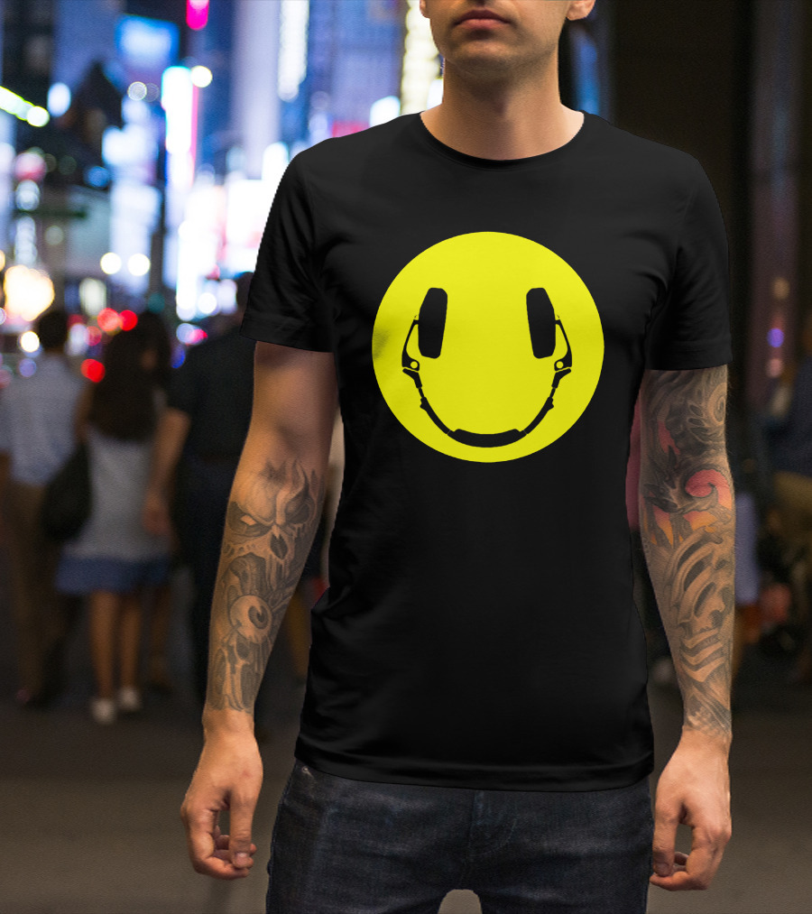 Headphones Smiley Face Yellow Circle T-Shirt