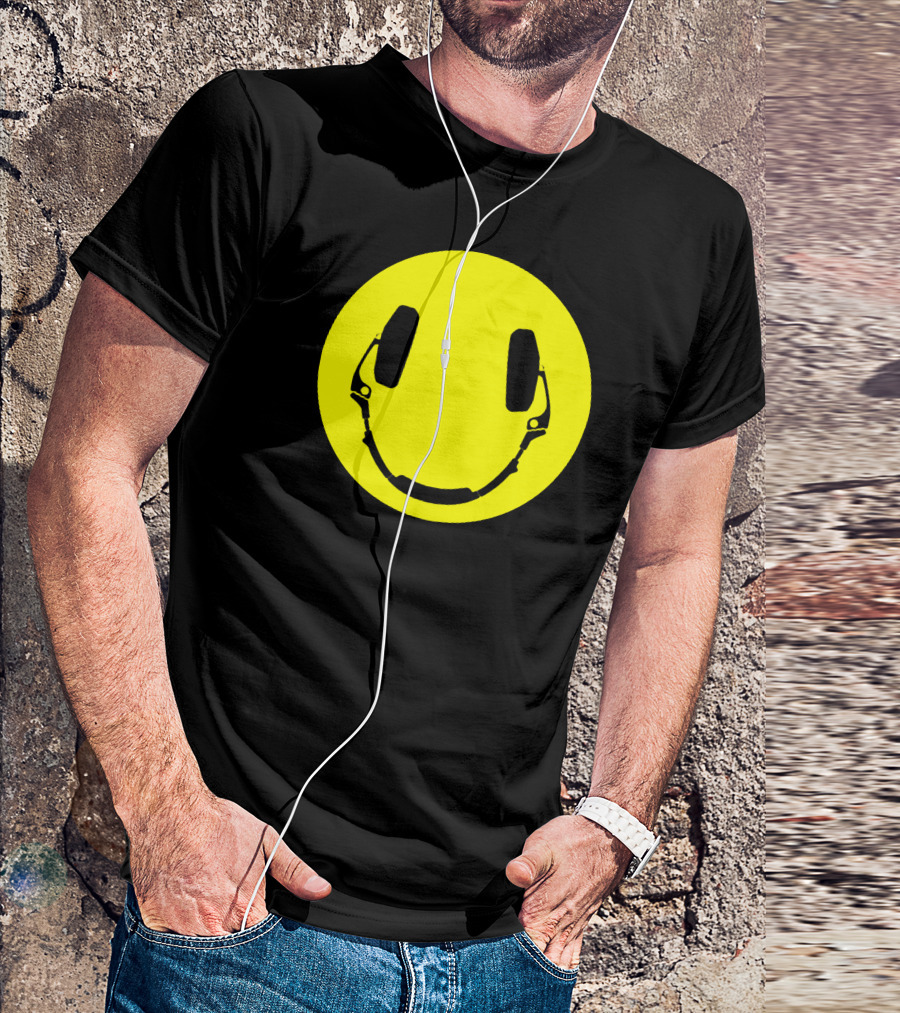 Headphones Smiley Face Yellow Circle T-Shirt