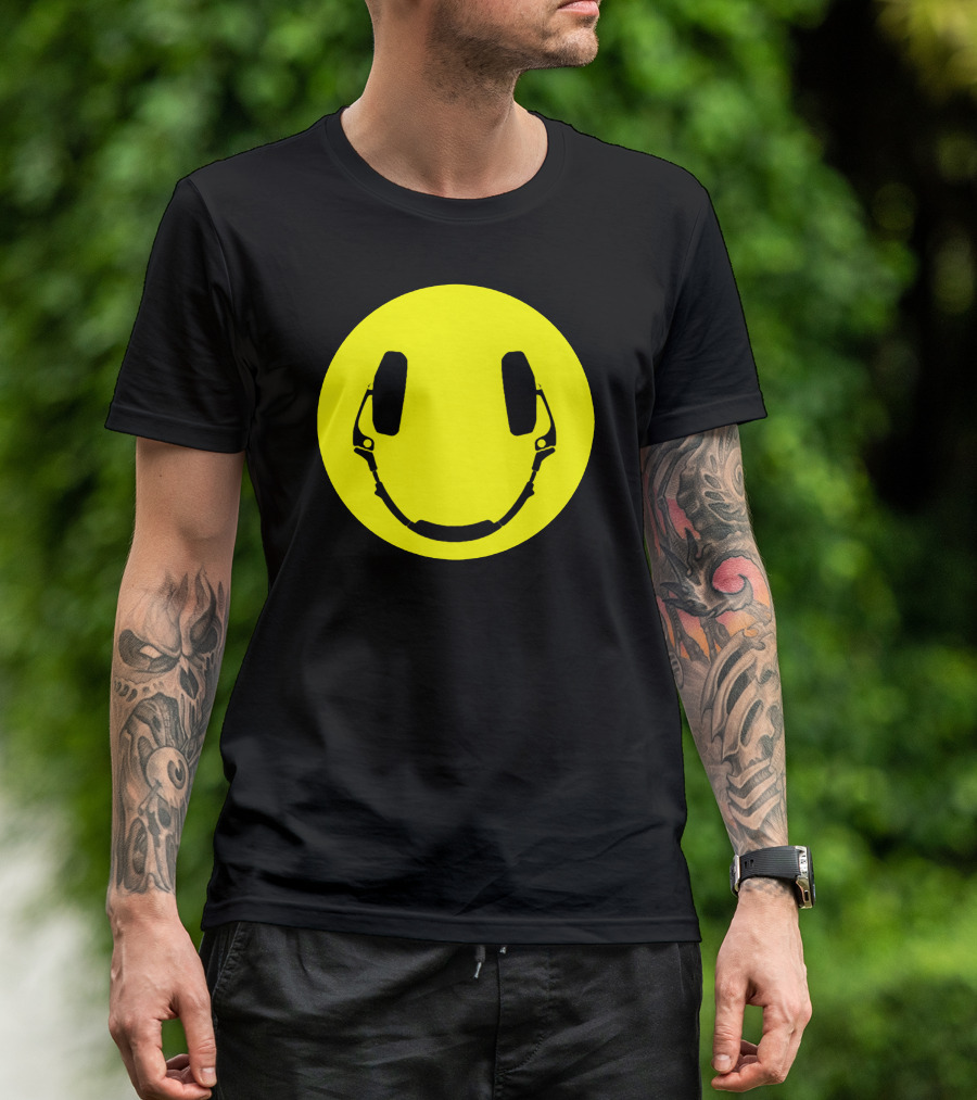 Headphones Smiley Face Yellow Circle T-Shirt