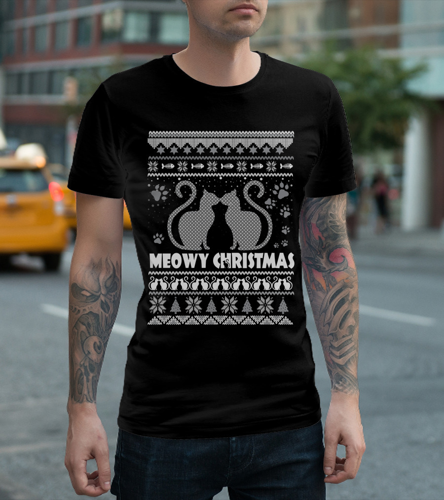 Meowy Christmas Purr Purr Purr Cats Holiday Paw Prints Snowflakes T-Shirt