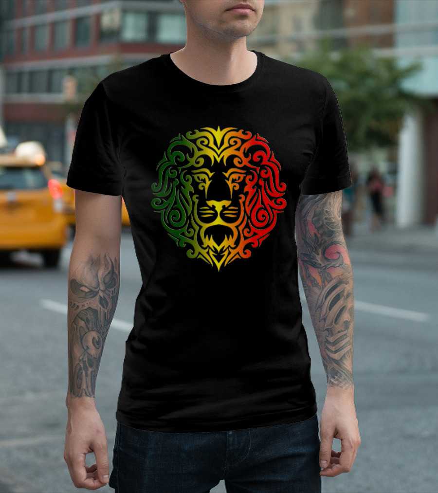 Rasta Lion Tribal Vector Art In Green Yellow Red Gradient T-Shirt