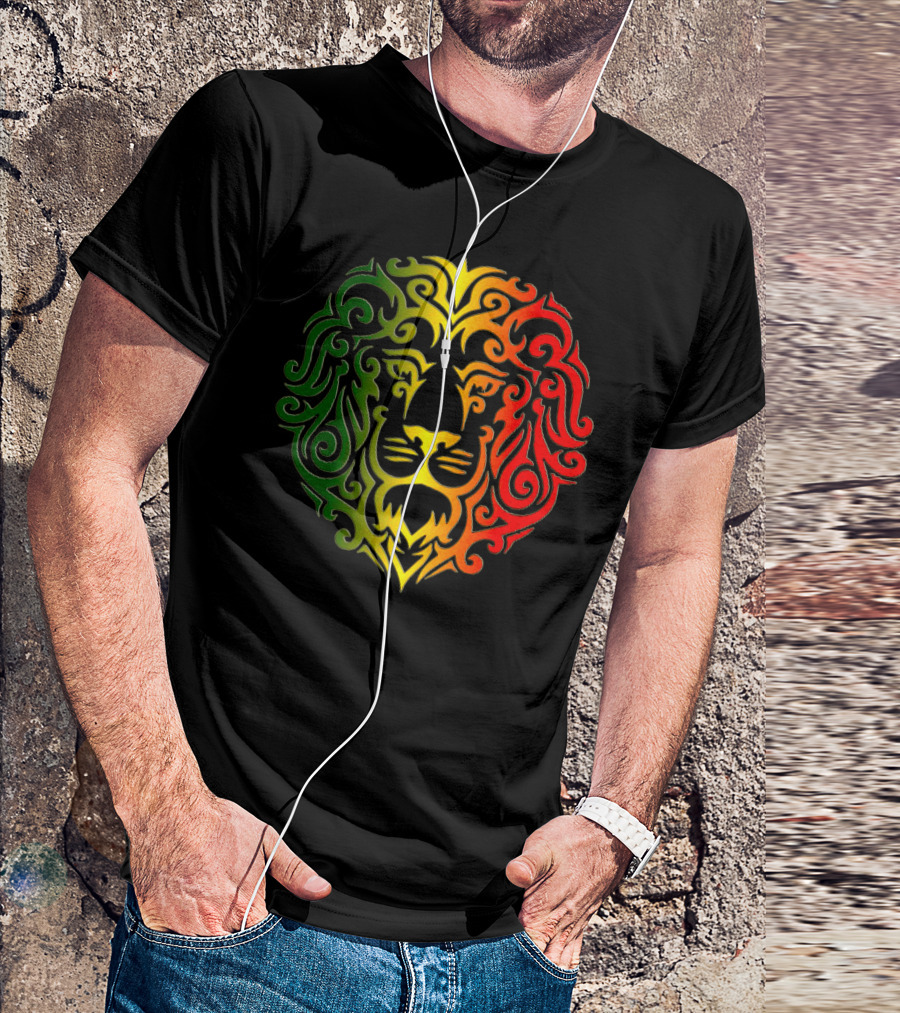 Rasta Lion Tribal Vector Art In Green Yellow Red Gradient T-Shirt