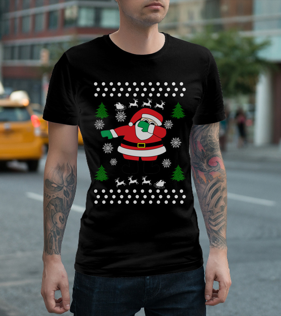 Santa Claus Dab with Reindeer Sled Snowflakes and Christmas Trees T-Shirt