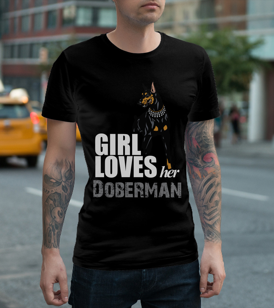 This Girl Loves Her Doberman Graphic with Bold Text and Cartoon Dog T-Shirt