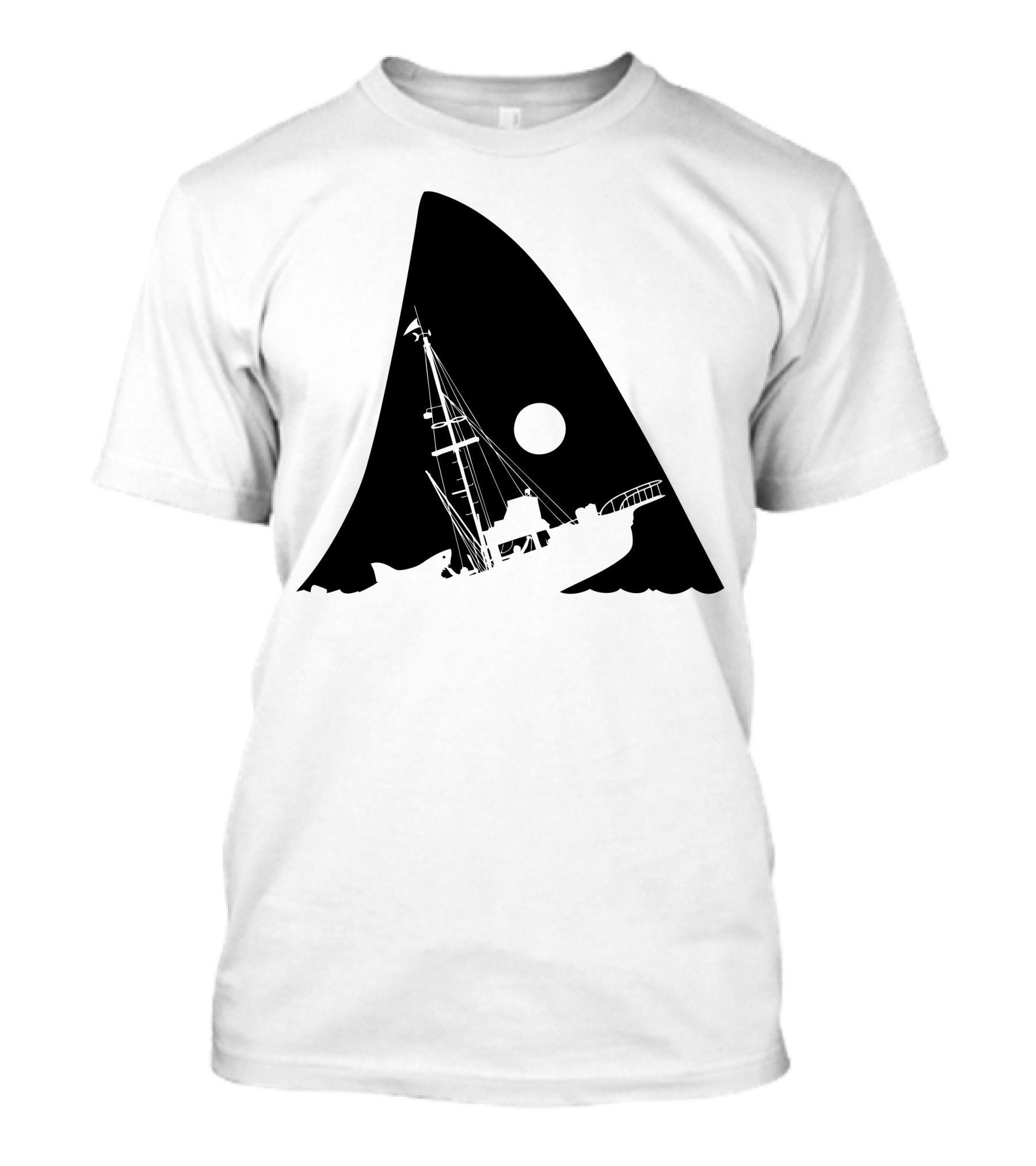 Jaws Shark Fin Ship Silhouette Under Moonlight T-Shirt