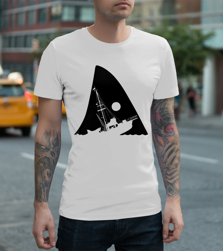 Jaws Shark Fin Ship Silhouette Under Moonlight T-Shirt