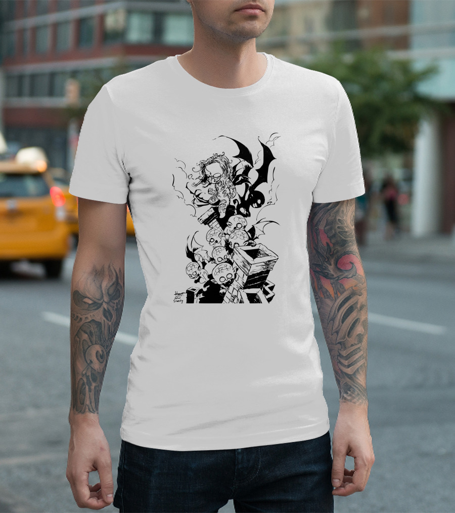 Baby Darkness Horror Gothic Creatures with Bat Wings on Rooftops by Shawn Coss T-Shirt
