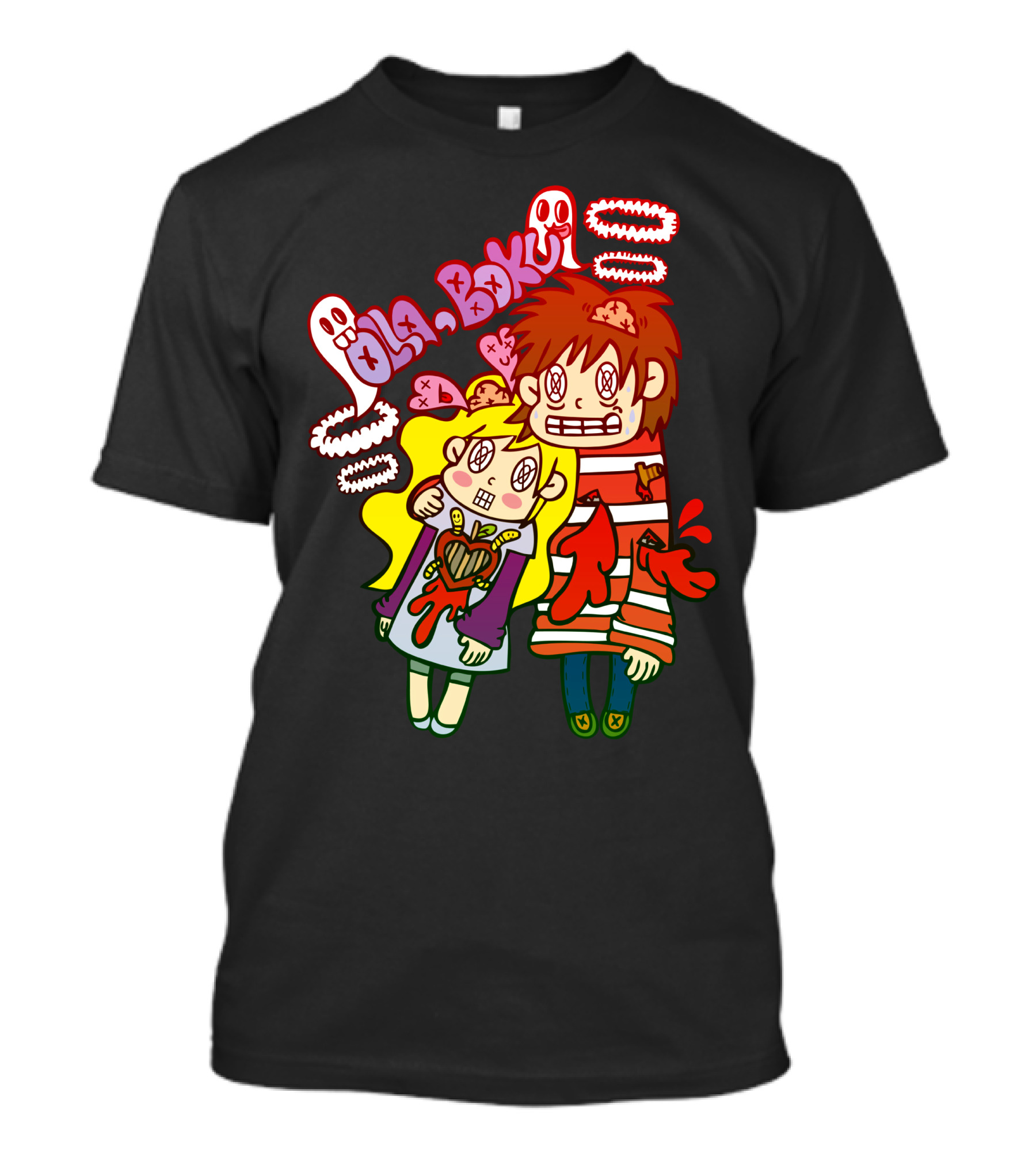 Ola Boku Bleeding Couple Ghosts Striped Hair Eyes Hearts T-Shirt