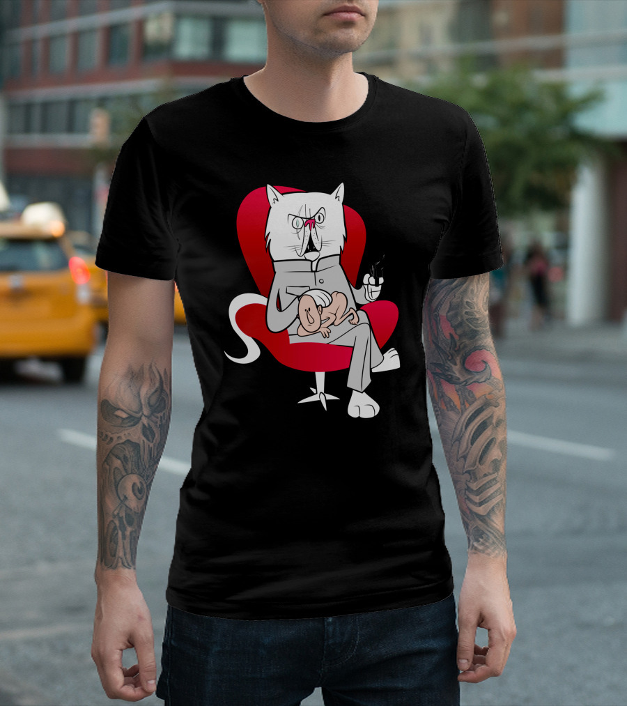 Blofeld Cat Villain Illustration in Red Chair with Gun and Pet T-Shirt