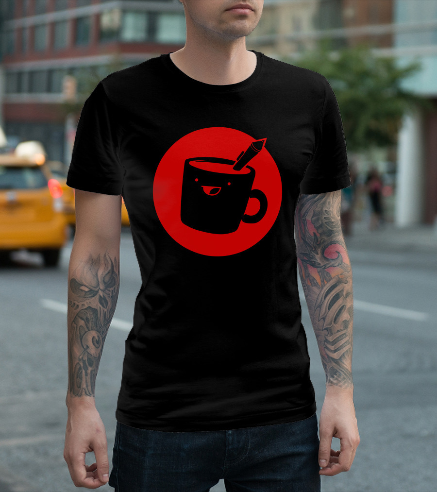 Drawfee Happy Mug with Pencil Icon on Red Circle T-Shirt