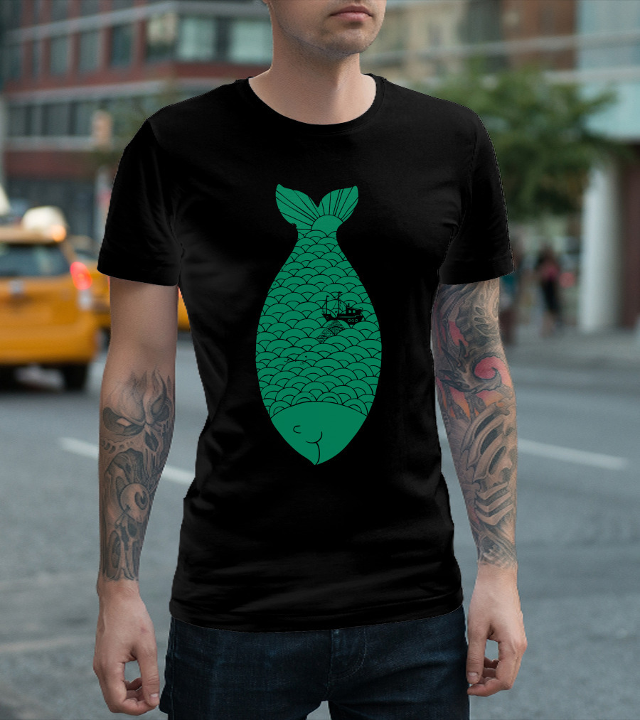 Fishing Boat On Giant Green Fish Scales Ocean Scene T-Shirt