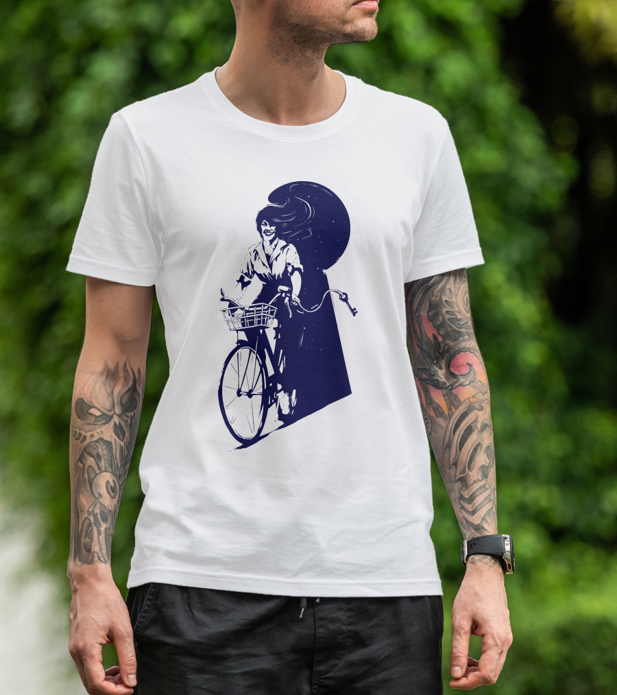 Just Passing Through Bicyclist And Moonlit Night Scene T-Shirt
