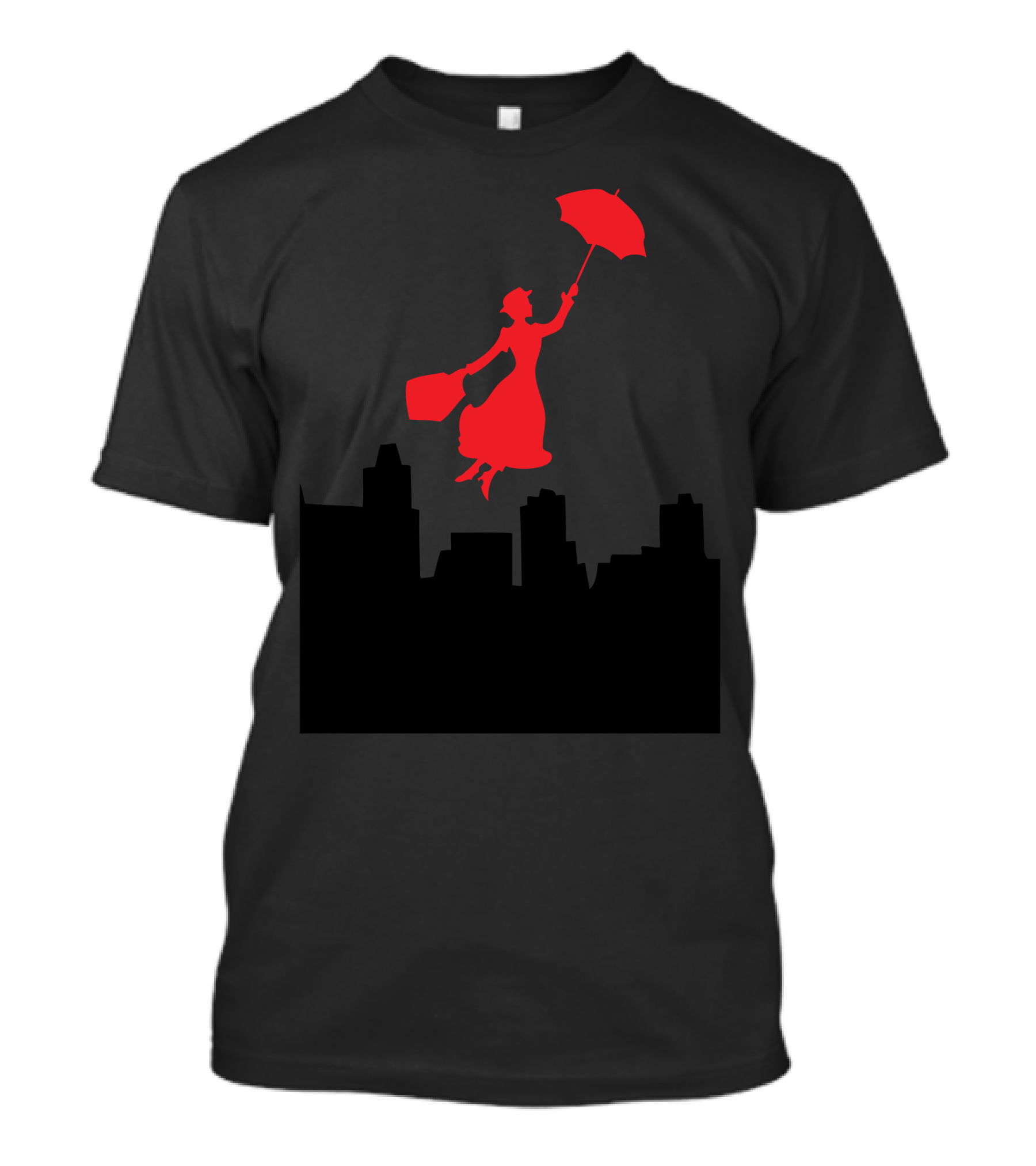 Mary Poppins Silhouette Over City With Red Umbrella T-Shirt