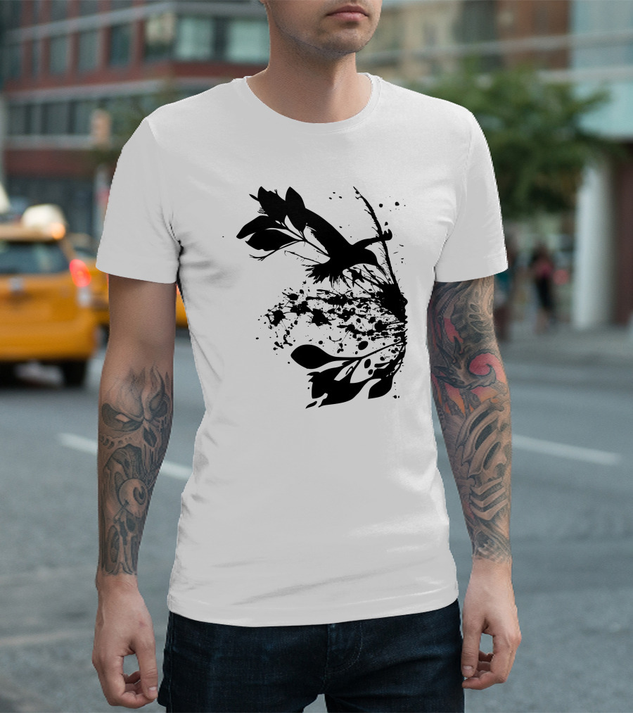 Natures Matter Black Splatter Bird and Leaves T-Shirt
