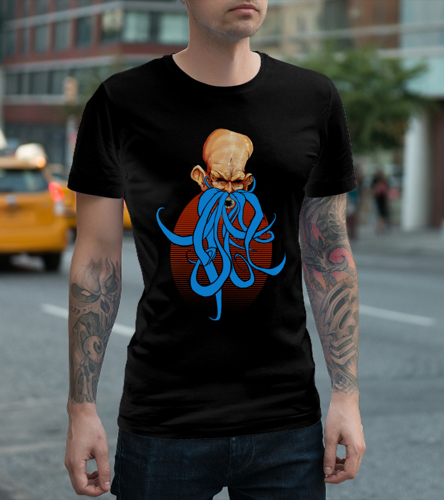 Evil Octopus Mustache Character with Blue Tentacles T-Shirt