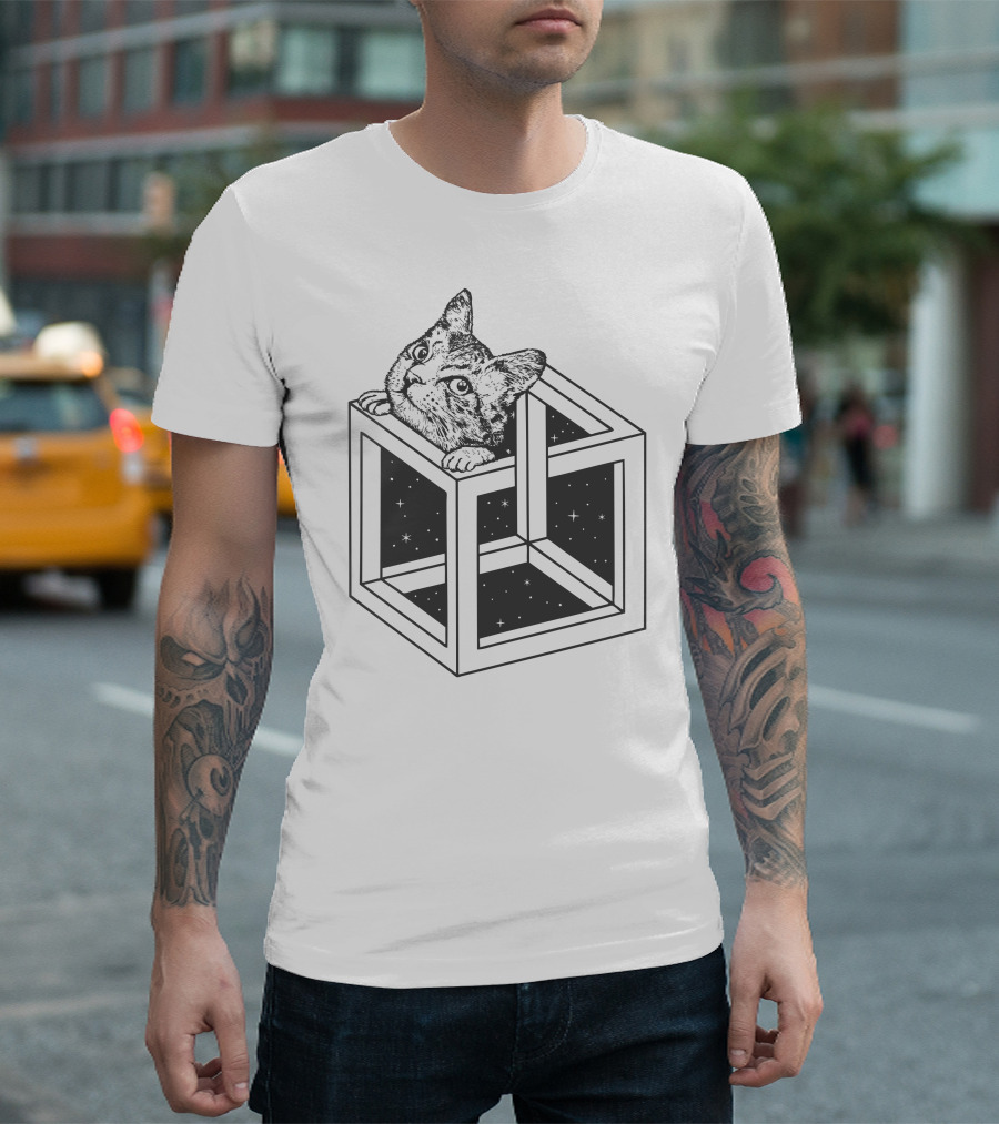 Opticat Illusion Impossible Cube with Stars and Curious Cat T-Shirt