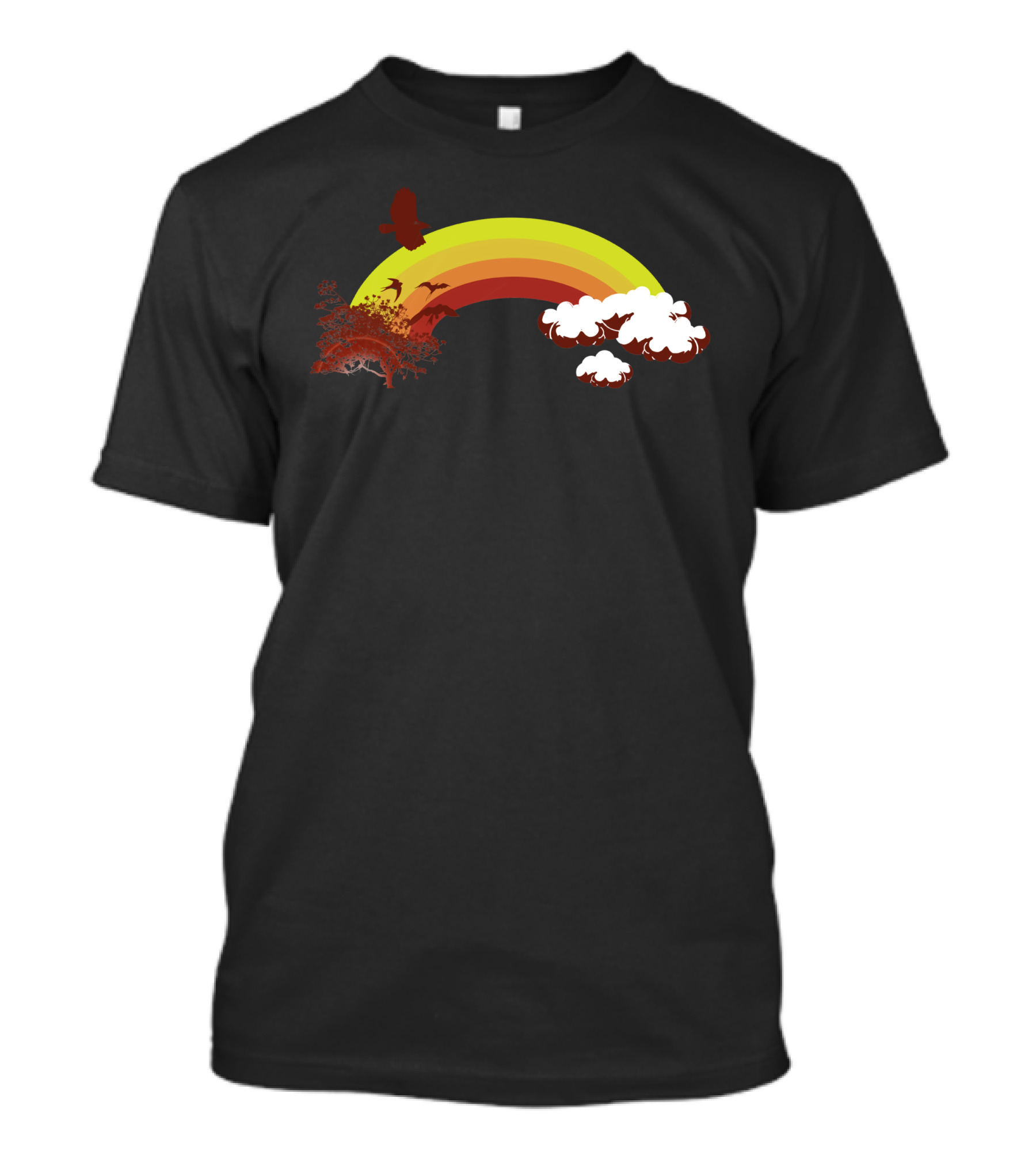 Rainbow Tree And Flying Bird With Clouds T-Shirt