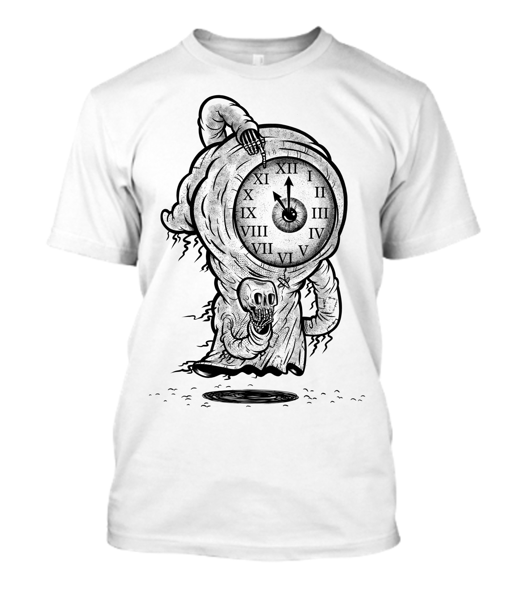 Reaper Of Time Clock Head Skeleton With Roman Numerals And Midnight Hour Grim Figure T-Shirt