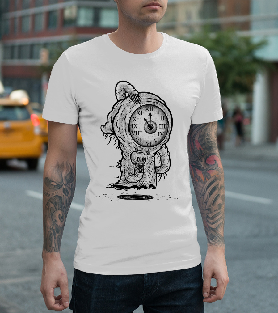 Reaper Of Time Clock Head Skeleton With Roman Numerals And Midnight Hour Grim Figure T-Shirt
