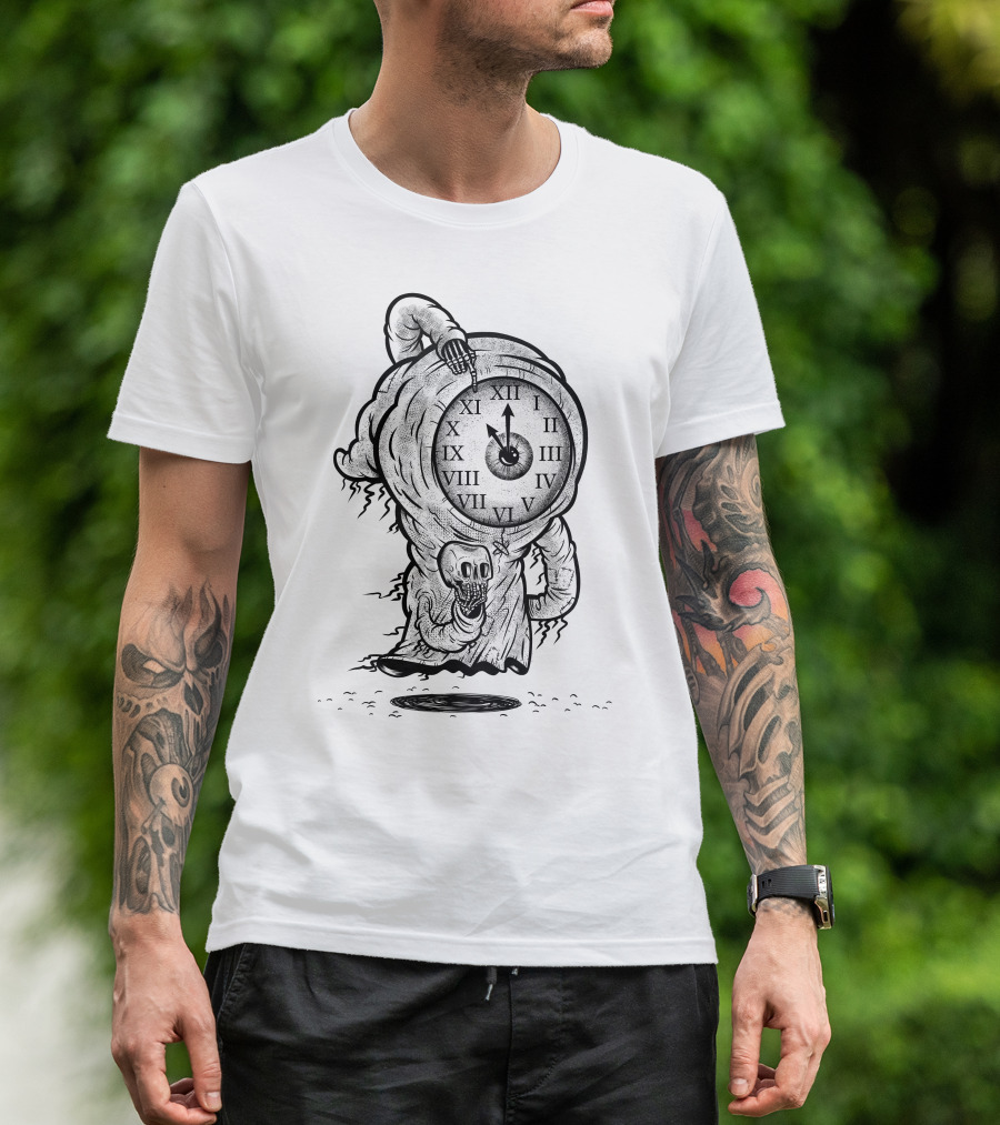 Reaper Of Time Clock Head Skeleton With Roman Numerals And Midnight Hour Grim Figure T-Shirt