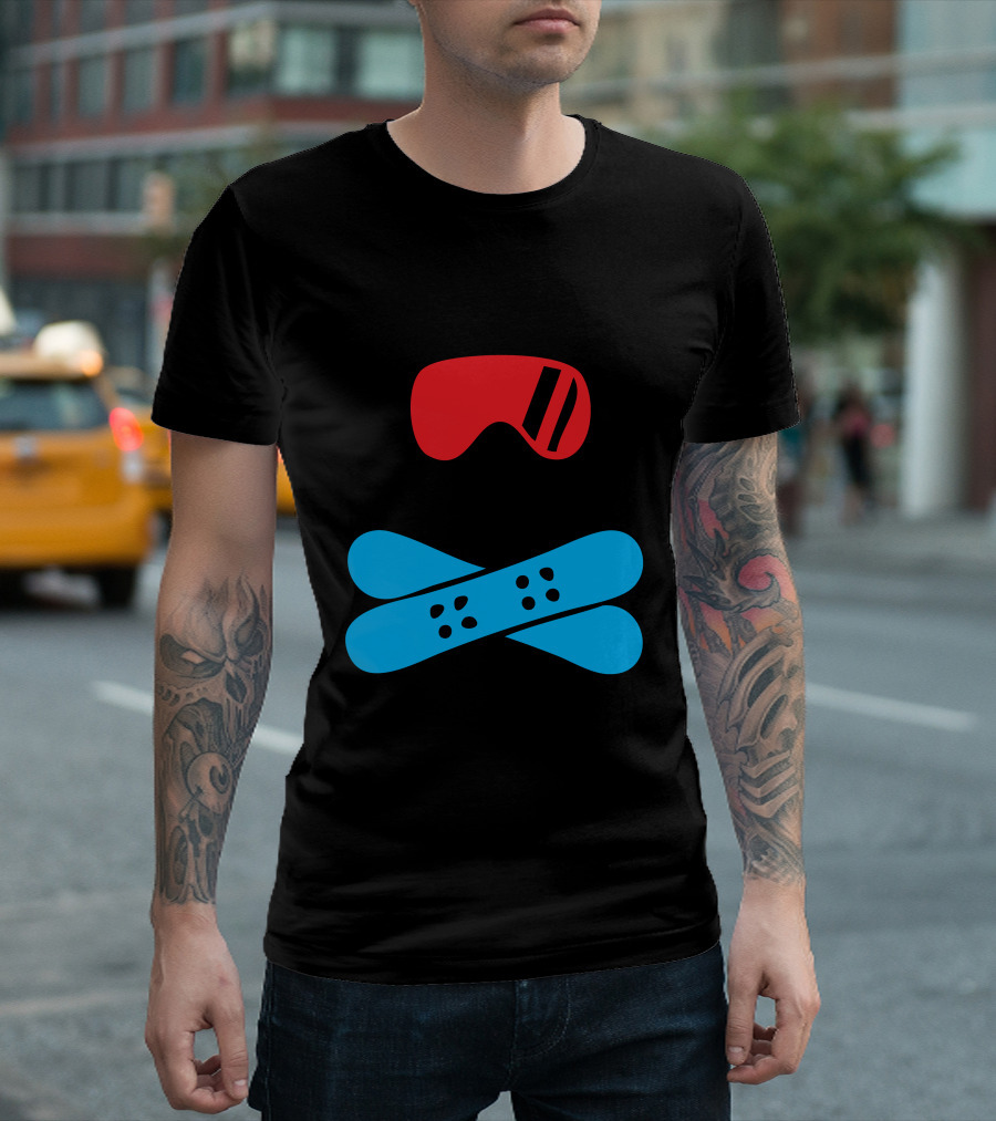 Skull with Snowboard Red Goggles Crossed Blue Snowboards T-Shirt