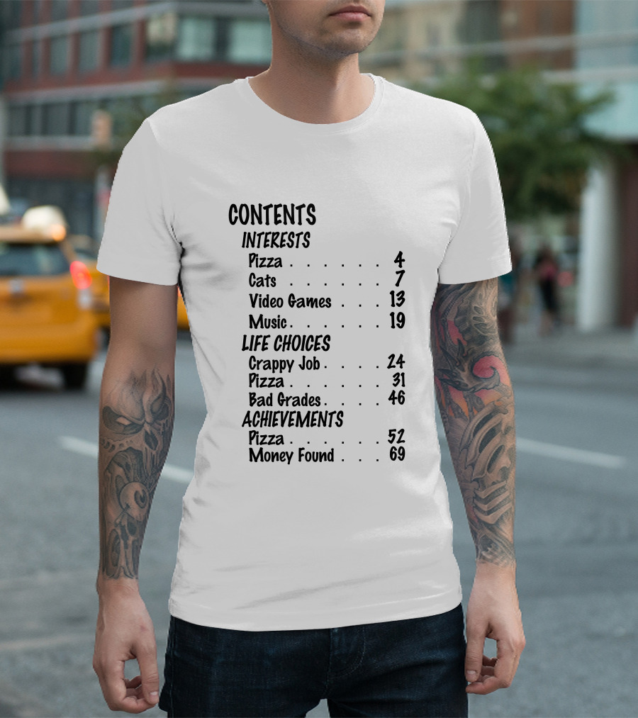 CONTENTS Pizza Cats Video Games Music Crappy Job Bad Grades Achievements Money Found T-Shirt