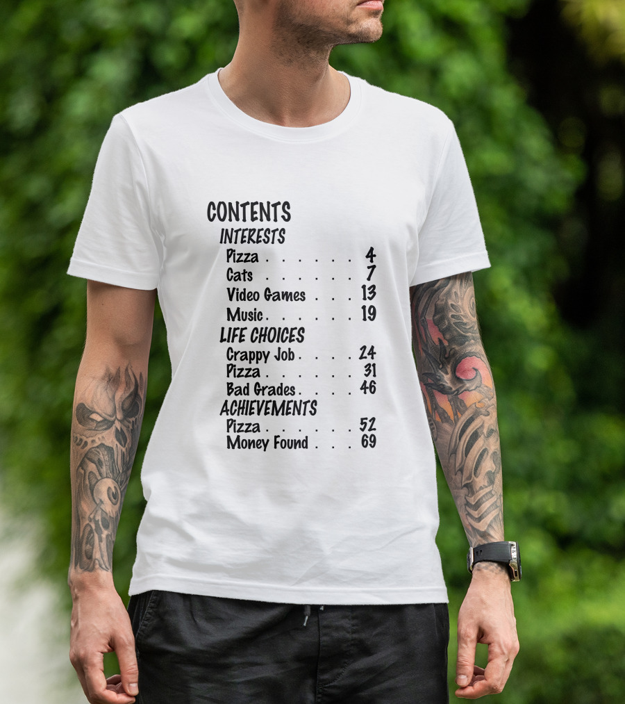 CONTENTS Pizza Cats Video Games Music Crappy Job Bad Grades Achievements Money Found T-Shirt