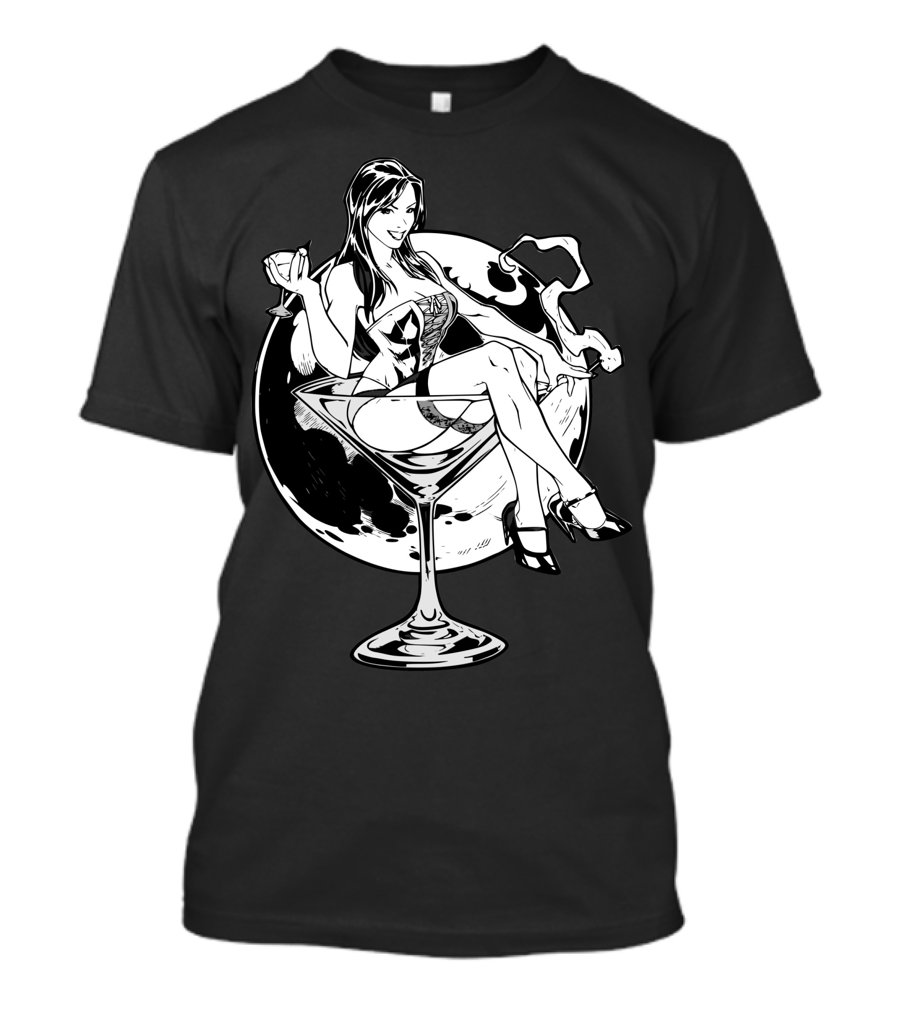 Martini Girl Pin-Up In Cocktail Glass With Smoking Moon Background T-Shirt