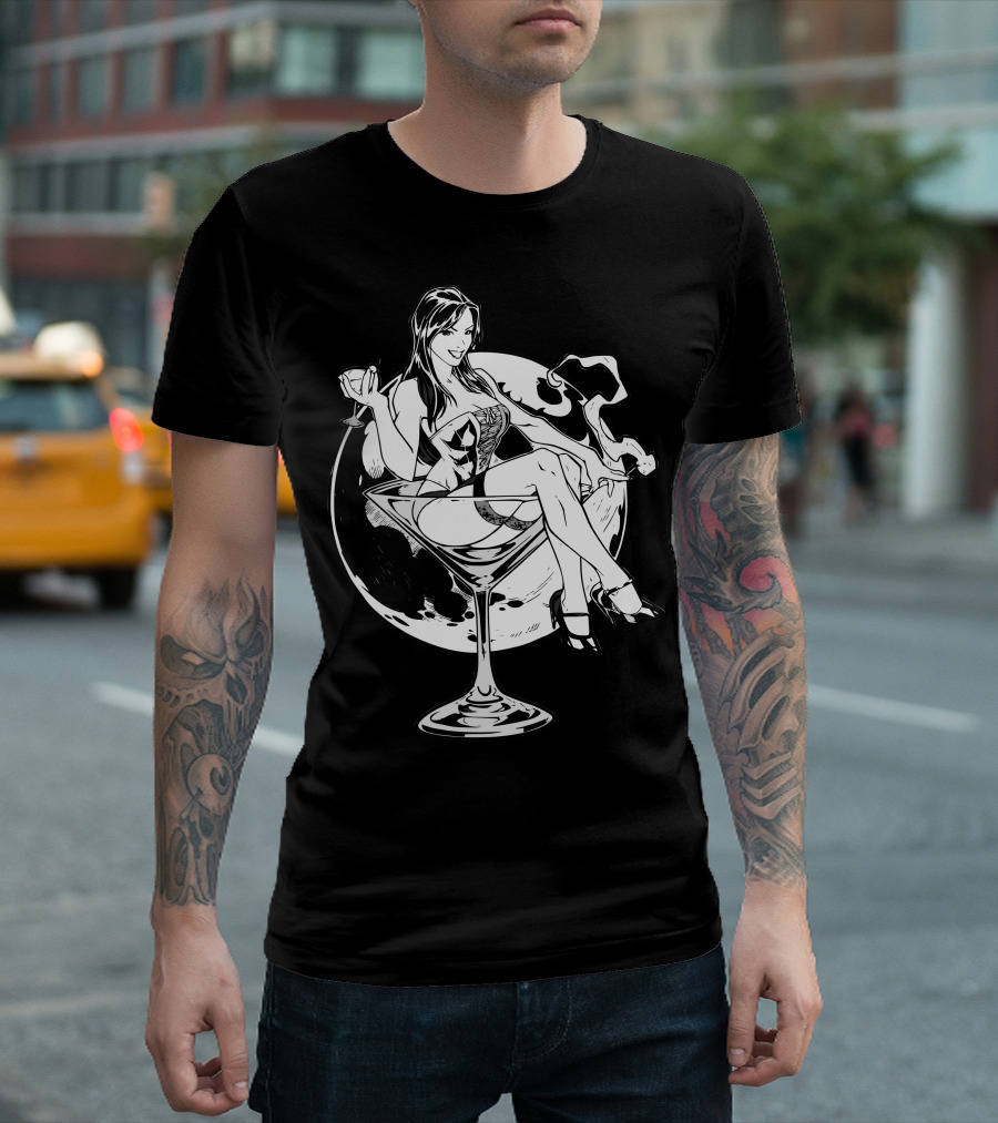 Martini Girl Pin-Up In Cocktail Glass With Smoking Moon Background T-Shirt
