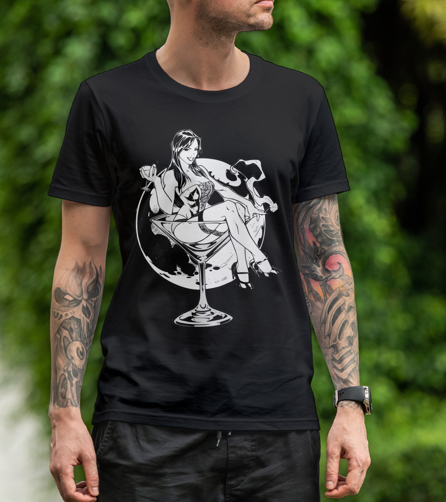Martini Girl Pin-Up In Cocktail Glass With Smoking Moon Background T-Shirt