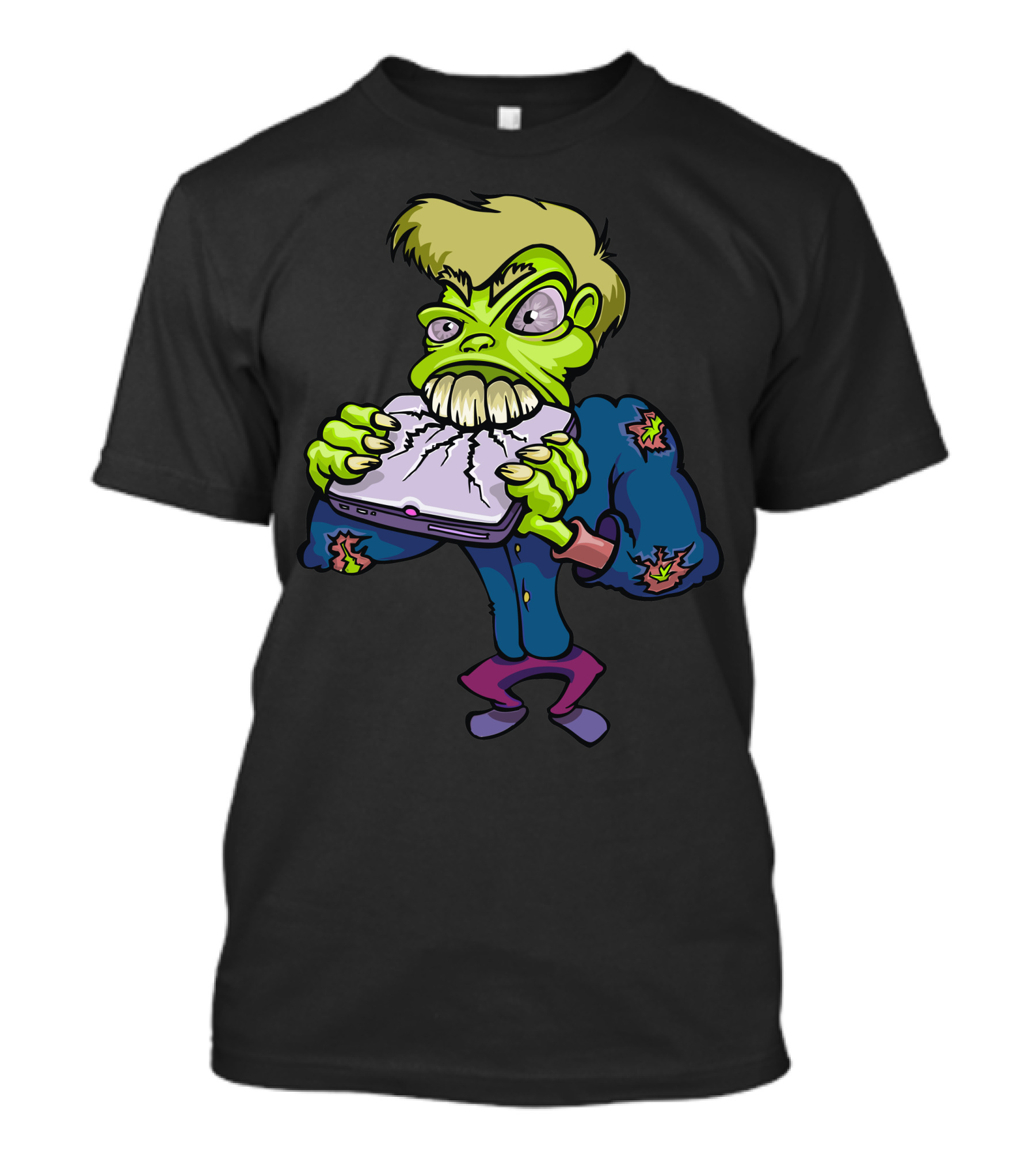 Cartoon Monster Chewing Tablet Character In Comic T-Shirt