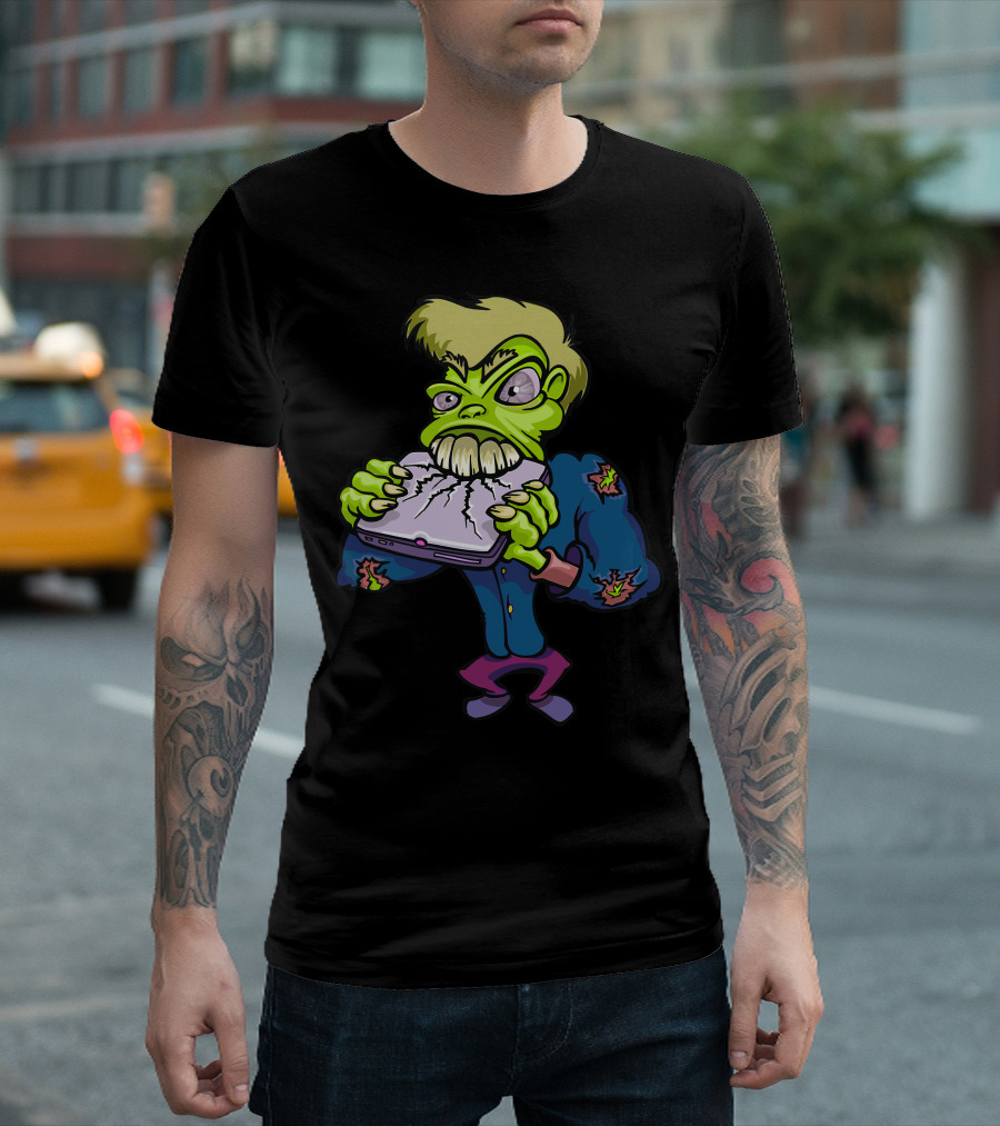 Cartoon Monster Chewing Tablet Character In Comic T-Shirt