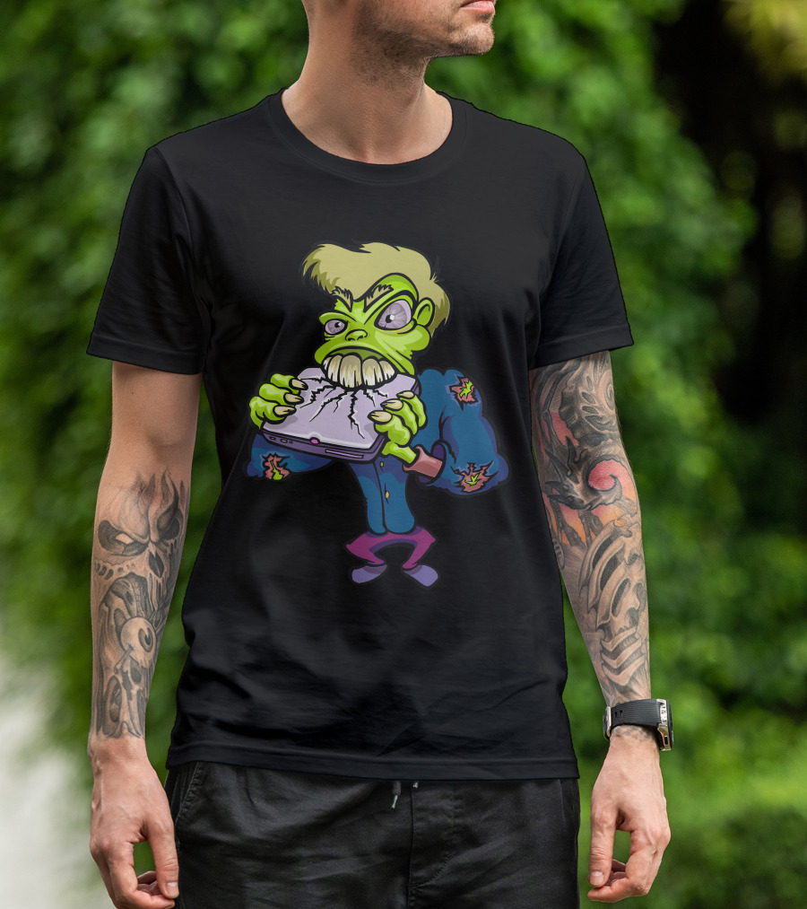 Cartoon Monster Chewing Tablet Character In Comic T-Shirt