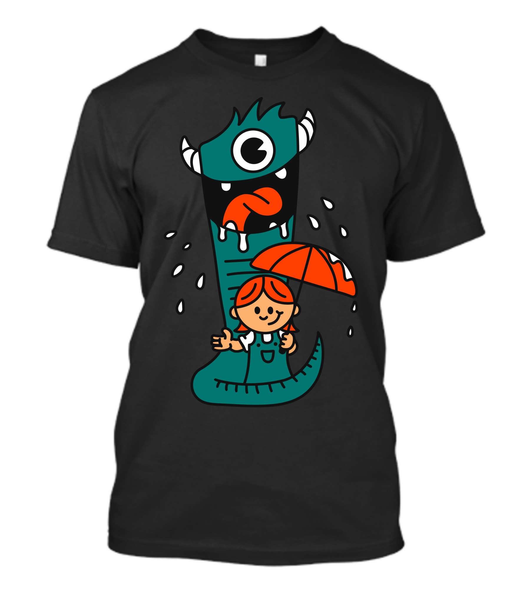 Monster Pet Umbrella Girl Raindrops T-Shirt