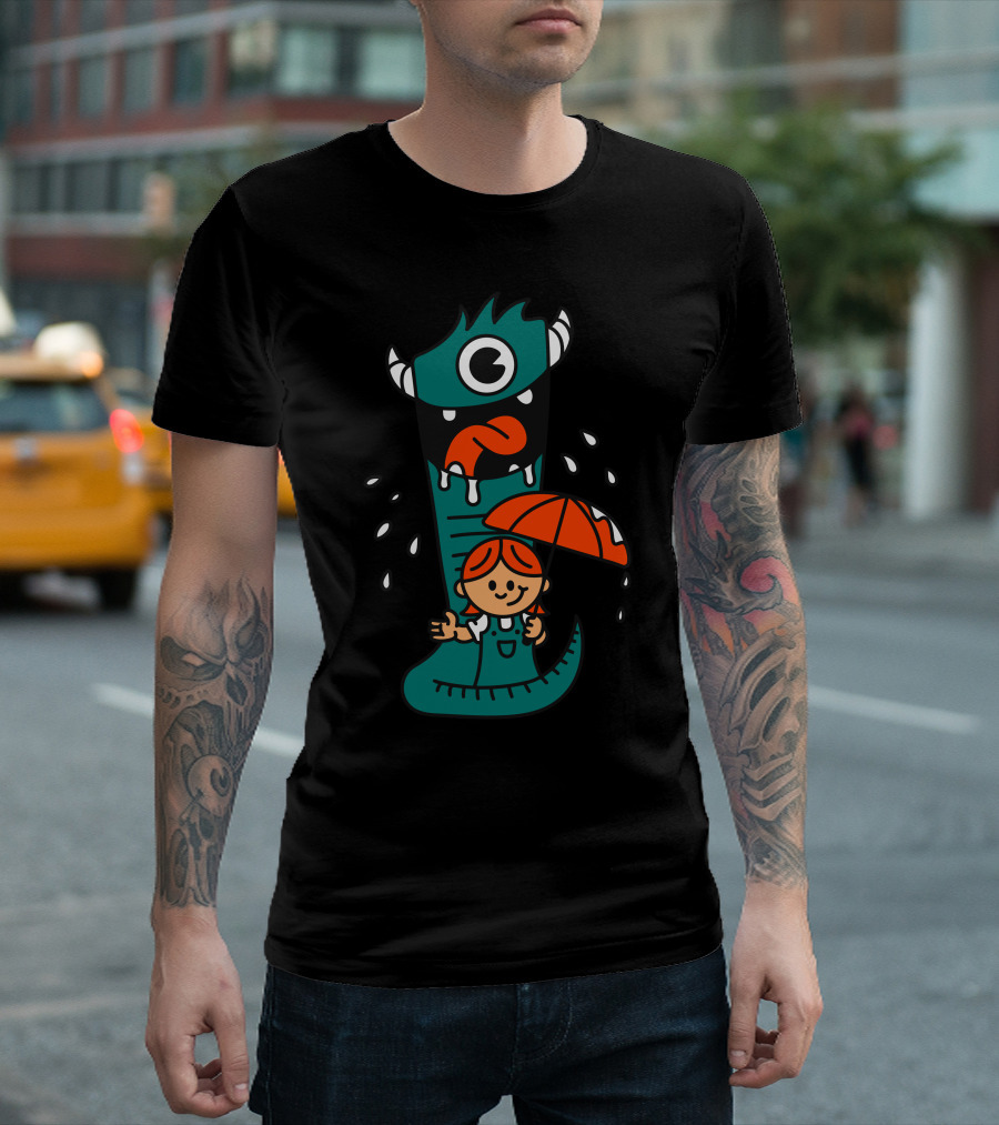 Monster Pet Umbrella Girl Raindrops T-Shirt