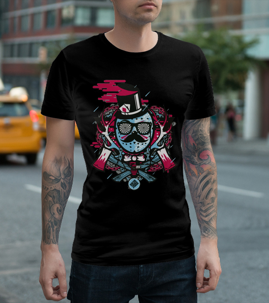 Mr Topstache Vs Jthree Mustache Showdown with Top Hat and Crossed Axes T-Shirt