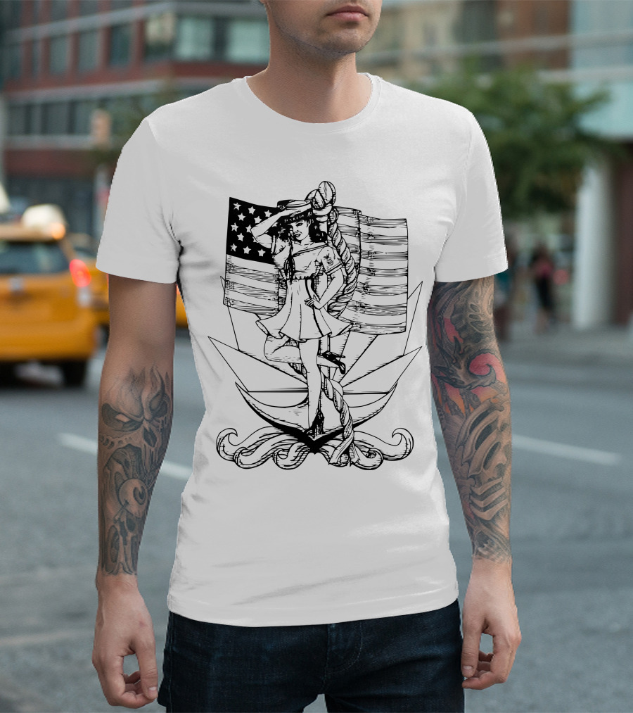 Patriotic Navy Girl With Anchor And American Flag T-Shirt