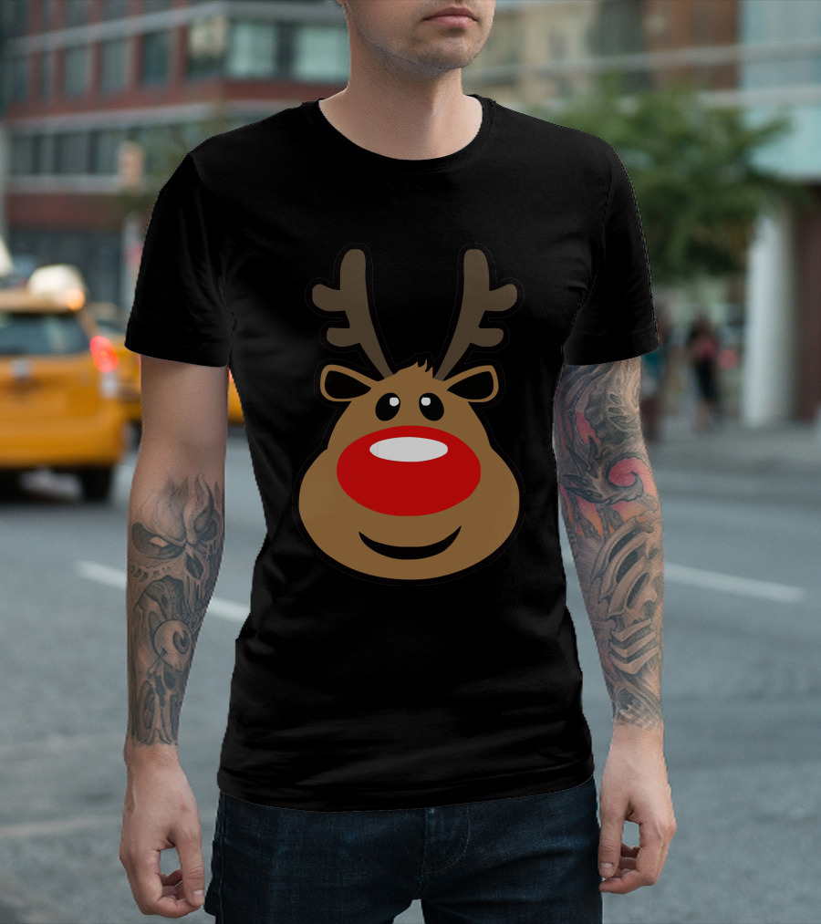 Rudolph Big Red Nose Reindeer Face With Antlers T-Shirt