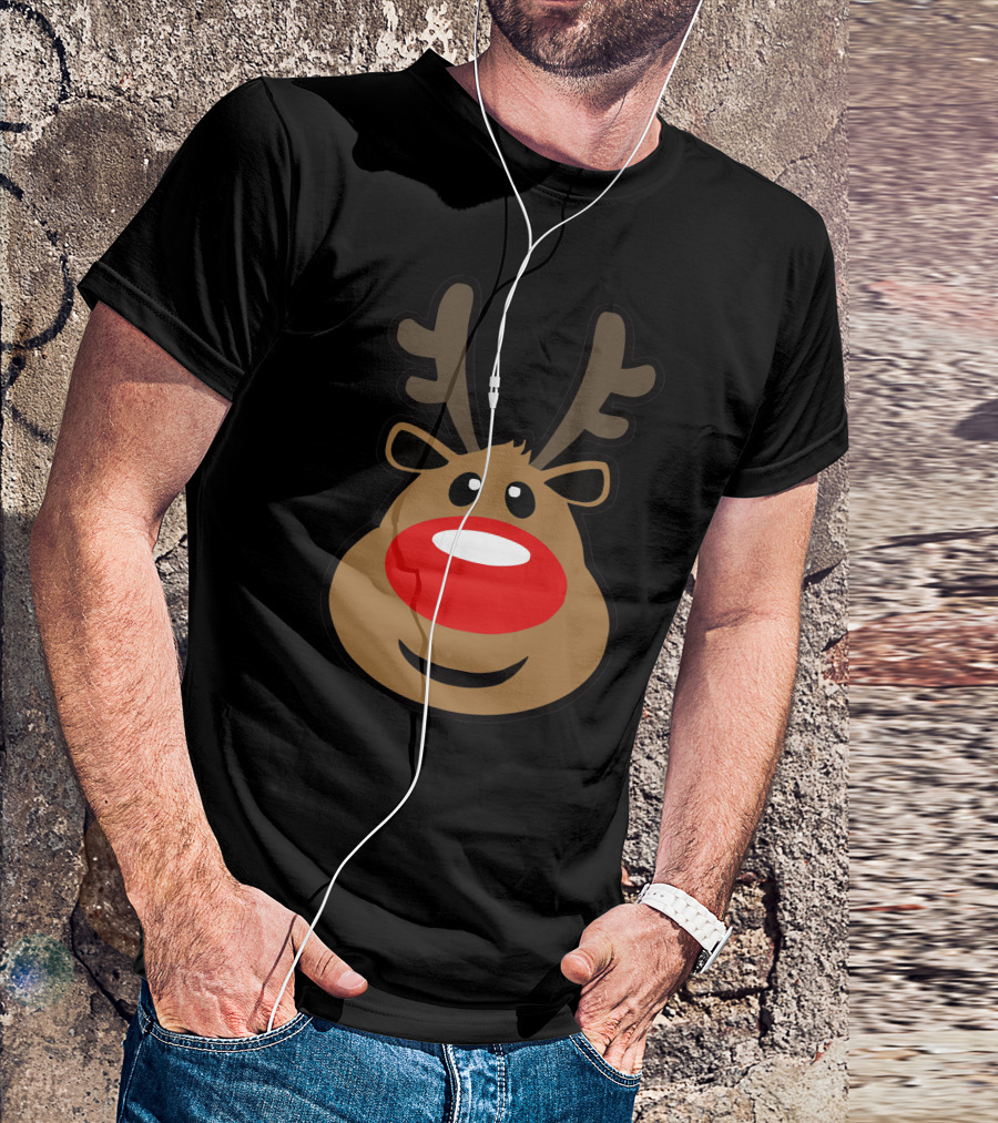 Rudolph Big Red Nose Reindeer Face With Antlers T-Shirt